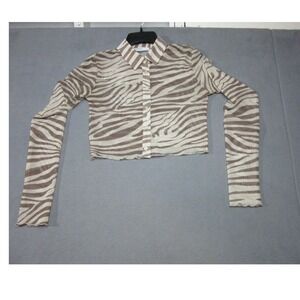 Bershka Top Womens Large Brown Beige Zebra Mesh Crop Button Up Office Party